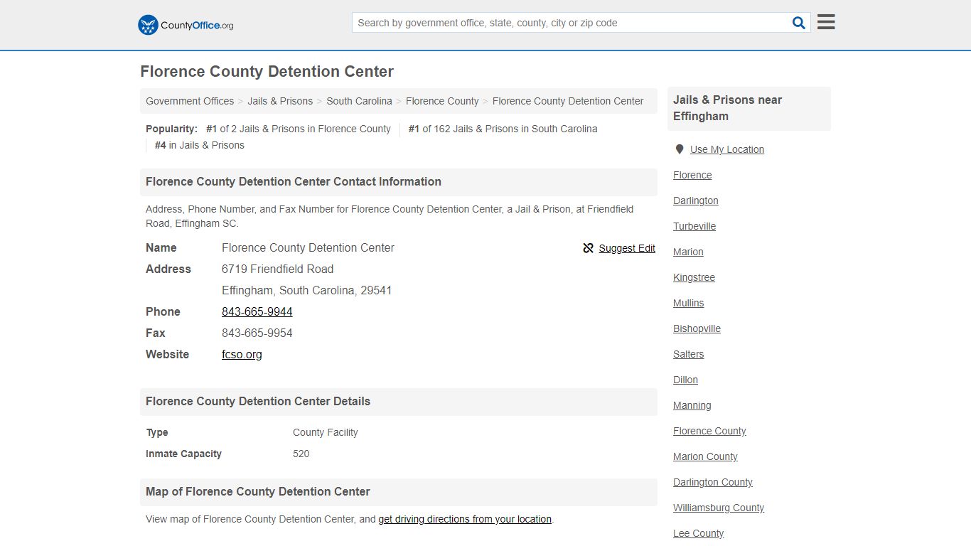 Florence County Detention Center - Effingham, SC (Address ...